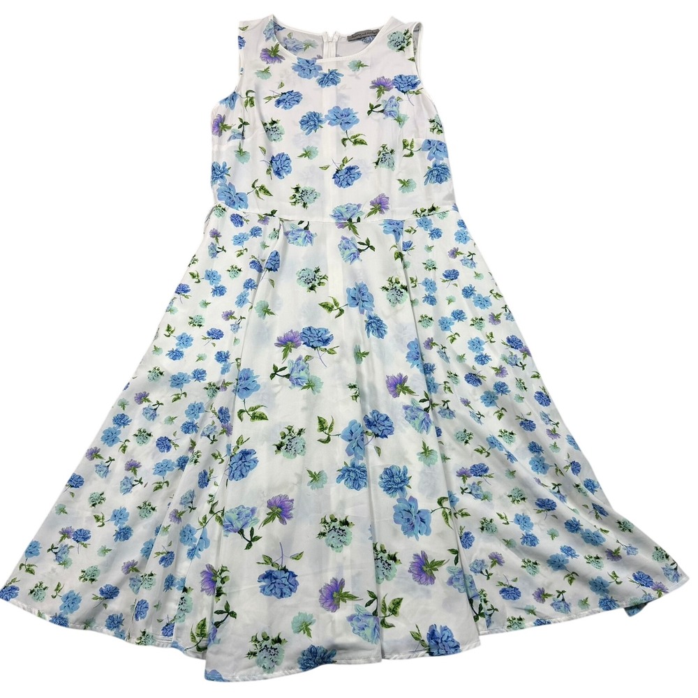 Danny and Nicole Womens Floral Sleeveless Fit and Flare Midi Dress White Blue 14